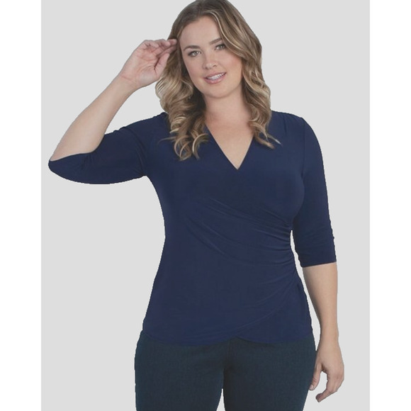 Kiyonna Top 2X Femme Fatale Faux Wrap Dusty Blue Ruched Sexy Packs Well V Neck - Picture 1 of 5